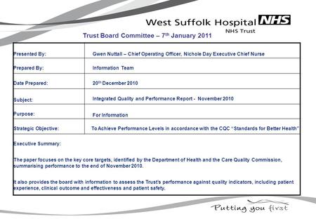 Presented By: Gwen Nuttall – Chief Operating Officer, Nichole Day Executive Chief Nurse Prepared By: Information Team Date Prepared: 20 th December 2010.