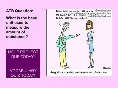 ATB Question: What is the base unit used to measure the amount of substance? MOLE PROJECT DUE TODAY! VOCABULARY QUIZ TODAY!