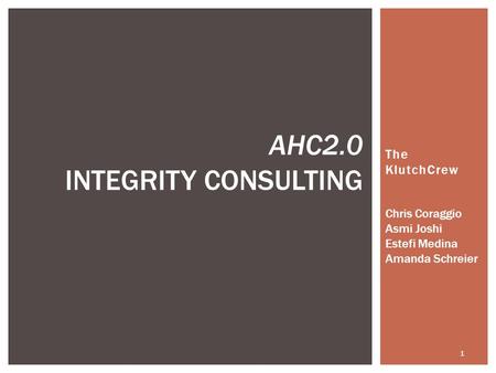 1 The KlutchCrew AHC2.0 INTEGRITY CONSULTING Chris Coraggio Asmi Joshi Estefi Medina Amanda Schreier.