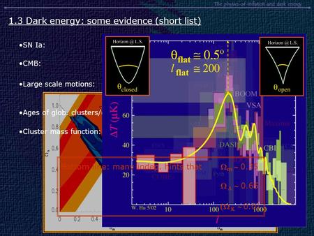 The physics of inflation and dark energy 1.3 Dark energy: some evidence (short list) Ages of glob. clusters/galaxies at z~2-3:  m 0.6 SN Ia:   -