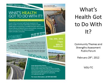 What’s Health Got to Do With It? Community Themes and Strengths Assessment Public Forum February 29 th, 2012 WSU-TC.