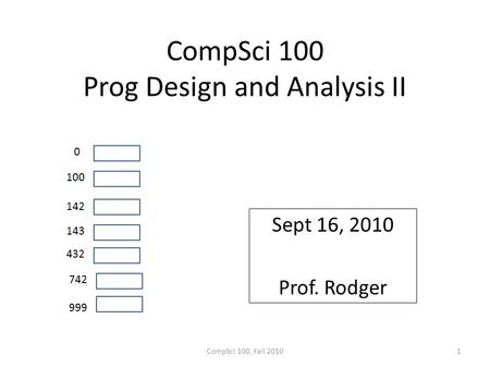 CompSci 100 Prog Design and Analysis II Sept 16, 2010 Prof. Rodger CompSci 100, Fall 20101.