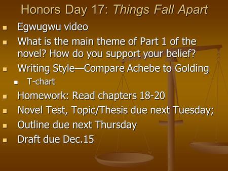 Honors Day 17: Things Fall Apart Egwugwu video Egwugwu video What is the main theme of Part 1 of the novel? How do you support your belief? What is the.