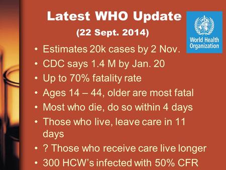 Latest WHO Update (22 Sept. 2014) Estimates 20k cases by 2 Nov. CDC says 1.4 M by Jan. 20 Up to 70% fatality rate Ages 14 – 44, older are most fatal Most.