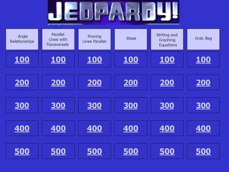300 400 500 100 200 Angle Relationships Parallel Lines with Transversals 300 100 200 400 500 Proving Lines Parallel Slope Writing and Graphing Equations.