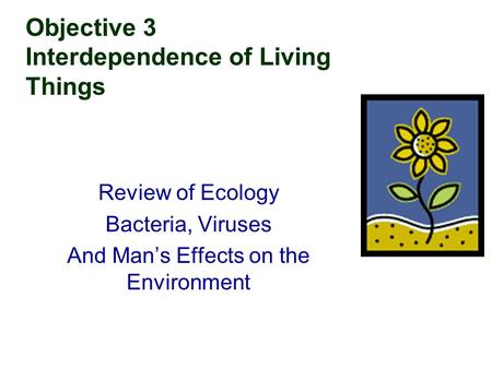 Objective 3 Interdependence of Living Things Review of Ecology Bacteria, Viruses And Man’s Effects on the Environment.