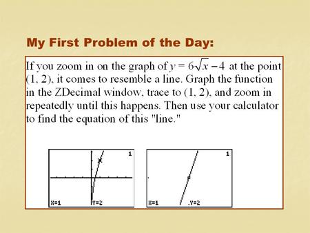 My First Problem of the Day:. Point-Slope Equation of a Line: Linearization of f at x = a: or.