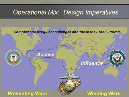 Operational Mix: Design Imperatives Access Influence Complex and irregular challenges abound in the urban littorals Preventing WarsWinning Wars.