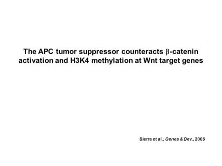 The APC tumor suppressor counteracts  -catenin activation and H3K4 methylation at Wnt target genes Sierra et al., Genes & Dev., 2006.