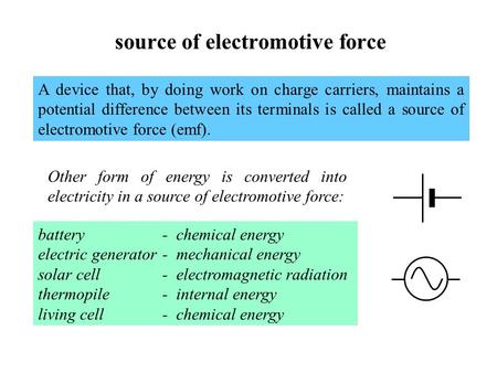 Source of electromotive force A device that, by doing work on charge carriers, maintains a potential difference between its terminals is called a source.