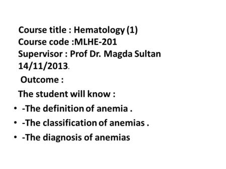 Course title : Hematology (1)