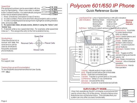 Polycom 601/650 IP Phone Quick Reference Guide SURVIVABILITY MODE