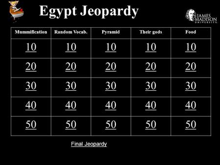 Egypt Jeopardy MummificationRandom Vocab.PyramidTheir godsFood 10 20 30 40 50 Final Jeopardy.