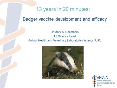 13 years in 20 minutes: Badger vaccine development and efficacy Dr Mark A. Chambers TB Science Lead Animal Health and Veterinary Laboratories Agency, U.K.