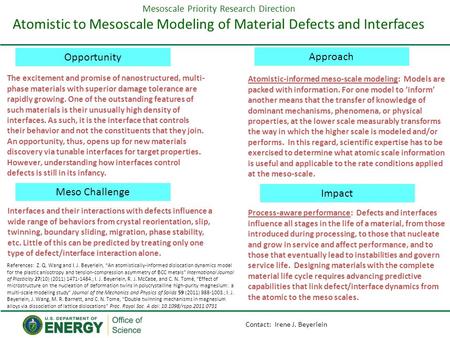 Mesoscale Priority Research Direction Atomistic to Mesoscale Modeling of Material Defects and Interfaces Opportunity Meso Challenge Approach Impact Atomistic-informed.