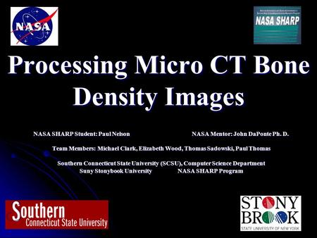 Processing Micro CT Bone Density Images NASA SHARP Student: Paul NelsonNASA Mentor: John DaPonte Ph. D. Team Members: Michael Clark, Elizabeth Wood, Thomas.