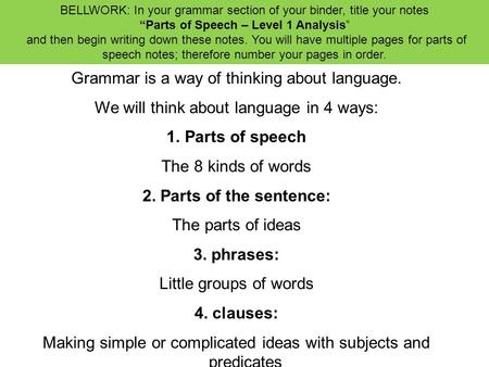 Grammar is a way of thinking about language. We will think about language in 4 ways: 1.Parts of speech The 8 kinds of words 2. Parts of the sentence: The.