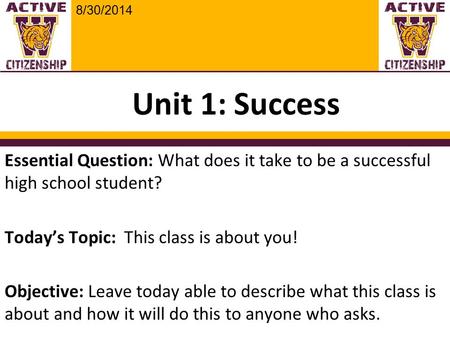 8/30/2014 Unit 1: Success Essential Question: What does it take to be a successful high school student? Today’s Topic: This class is about you! Objective: