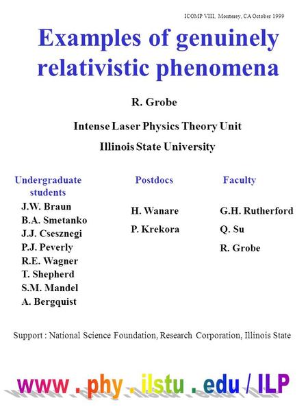 Examples of genuinely relativistic phenomena R. Grobe ICOMP VIII, Monterey, CA October 1999 Intense Laser Physics Theory Unit Illinois State University.