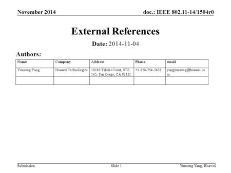 Doc.: IEEE 802.11-14/1504r0 Submission November 2014 Yunsong Yang, HuaweiSlide 1 External References Date: 2014-11-04 Authors: