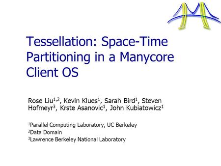 Tessellation: Space-Time Partitioning in a Manycore Client OS Rose Liu 1,2, Kevin Klues 1, Sarah Bird 1, Steven Hofmeyr 3, Krste Asanovic 1, John Kubiatowicz.