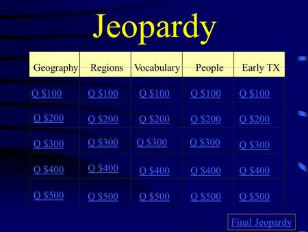 Jeopardy GeographyRegionsVocabularyPeople Early TX Q $100 Q $200 Q $300 Q $400 Q $500 Q $100 Q $200 Q $300 Q $400 Q $500 Final Jeopardy.