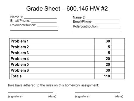 Grade Sheet – 600.145 HW #2 Name 1: __________________ Email/Phone: ______________ Role/contribution: ___________ __________________________ Name 2: __________________.