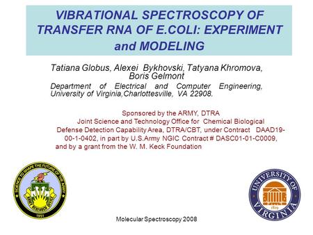 Molecular Spectroscopy 2008 VIBRATIONAL SPECTROSCOPY OF TRANSFER RNA OF E.COLI: EXPERIMENT and MODELING Tatiana Globus, Alexei Bykhovski, Tatyana Khromova,