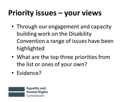 Priority issues – your views Through our engagement and capacity building work on the Disability Convention a range of issues have been highlighted What.