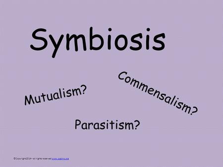 Symbiosis Mutualism? Commensalism? Parasitism? ©Copyright2014 – all rights reserved www.cpalms.orgwww.cpalms.org.