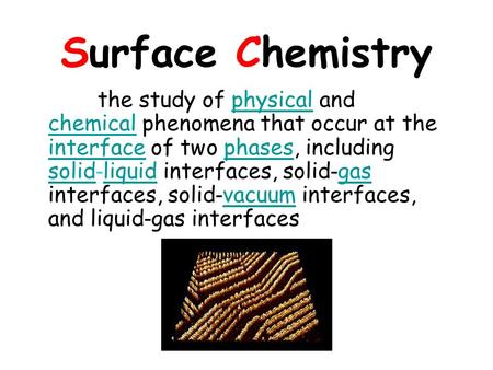 Surface Chemistry the study of physical and chemical phenomena that occur at the interface of two phases, including solid-liquid interfaces, solid-gas.