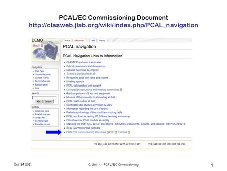 Oct 24 2011C. Smith - PCAL/EC Commissioning 1 PCAL/EC Commissioning Document