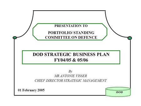 DOD By MR ANTONIE VISSER CHIEF DIRECTOR STRATEGIC MANAGEMENT 01 February 2005 PRESENTATION TO PORTFOLIO/ STANDING COMMITTEE ON DEFENCE DOD STRATEGIC BUSINESS.