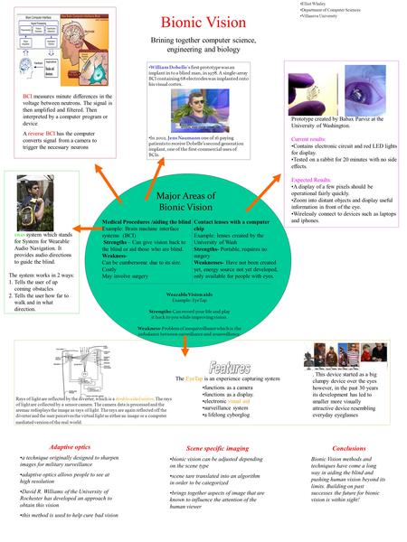 Bionic Vision Brining together computer science, engineering and biology Elliot Whaley Department of Computer Sciences Villanova University Major Areas.