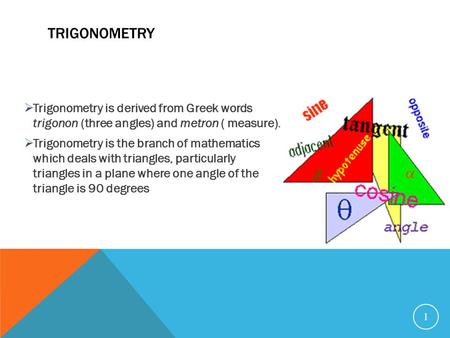 TRIGONOMETRY  Trigonometry is derived from Greek words trigonon (three angles) and metron ( measure).  Trigonometry is the branch of mathematics which.