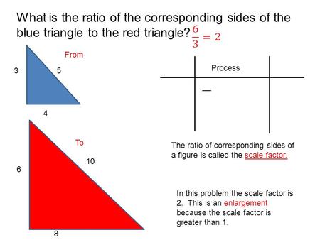 Process What is the ratio of the corresponding sides of the blue triangle to the red triangle? 35 4 6 10 8 The ratio of corresponding sides of a figure.