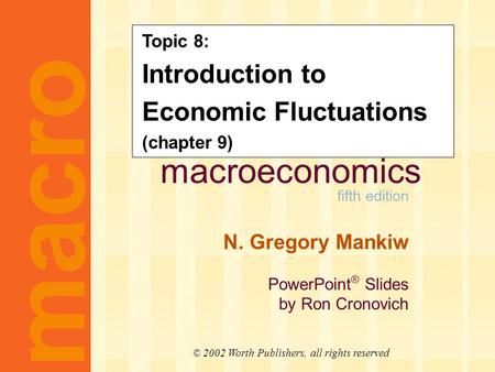 Macroeconomics fifth edition N. Gregory Mankiw PowerPoint ® Slides by Ron Cronovich CHAPTER NINE Introduction to Economic Fluctuations macro © 2002 Worth.