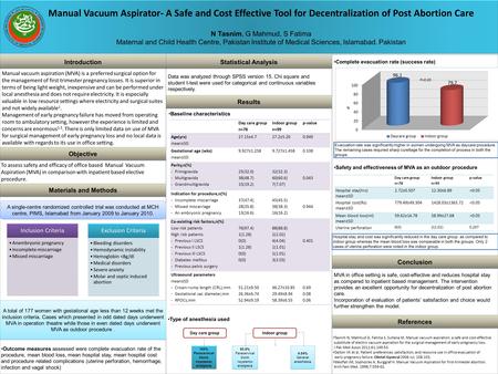 Manual Vacuum Aspirator- A Safe and Cost Effective Tool for Decentralization of Post Abortion Care N Tasnim, G Mahmud, S Fatima Maternal and Child Health.