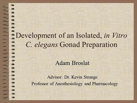 Development of an Isolated, in Vitro C. elegans Gonad Preparation Adam Broslat Advisor: Dr. Kevin Strange Professor of Anesthesiology and Pharmacology.