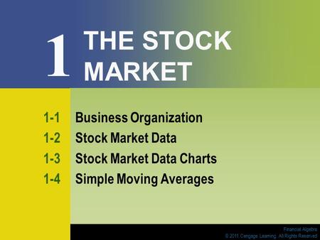 Financial Algebra © 2011 Cengage Learning. All Rights Reserved THE STOCK MARKET 1-1Business Organization 1-2Stock Market Data 1-3Stock Market Data Charts.