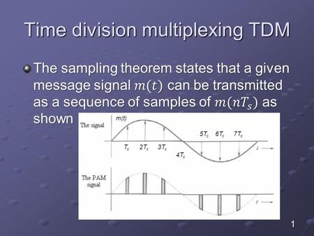 1 Time division multiplexing TDM m(t) TsTs 2T s 3T s 4T s 5T s 6T s 7T s.