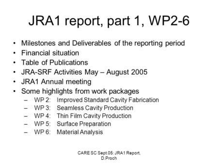 CARE SC Sept.05: JRA1 Report, D.Proch JRA1 report, part 1, WP2-6 Milestones and Deliverables of the reporting period Financial situation Table of Publications.