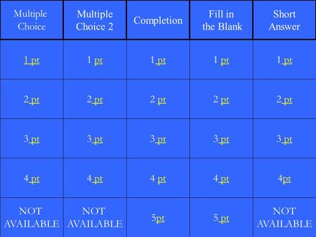 2 pt 3 pt 4 pt NOT AVAILABLE 1 pt 2 pt 3 pt 4 pt NOT AVAILABLE 1 pt 2 pt 3 pt 4 pt 5pt 1 pt 2 pt 3 pt 4 pt 5 pt 1 pt 2 pt 3 pt 4pt NOT AVAILABLE 1 pt Multiple.