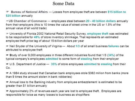  Bureau of National Affairs --- Losses from employee theft are between $15 billion to $25 billion annually  US Chamber of Commerce --- employees steal.