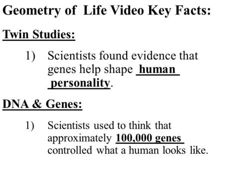 Geometry of Life Video Key Facts: Twin Studies: 1)Scientists found evidence that genes help shape human personality. DNA & Genes: 1)Scientists used to.