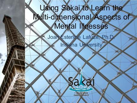 Using Sakai to Learn the Multi-dimensional Aspects of Mental Illnesses Joan Esterline Lafuze, Ph.D. Indiana University.