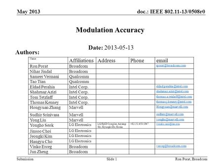 Doc.: IEEE 802.11-13/0508r0 Submission May 2013 Ron Porat, Broadcom Modulation Accuracy Date: 2013-05-13 Authors: Name AffiliationsAddressPhoneemail Ron.