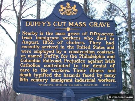 Philip Duffy. Railroad contractor. Hired 57 Irish immigrants. Hired them to lay railroad tracks through the forest west of Philadelphia.