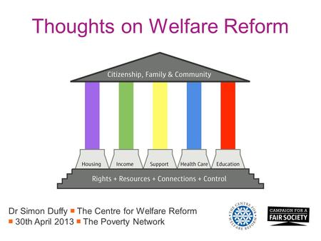 Thoughts on Welfare Reform Dr Simon Duffy ￭ The Centre for Welfare Reform ￭ 30th April 2013 ￭ The Poverty Network.