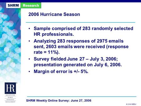 © 2006 SHRM SHRM Weekly Online Survey: June 27, 2006 2006 Hurricane Season Sample comprised of 283 randomly selected HR professionals. Analyzing 283 responses.